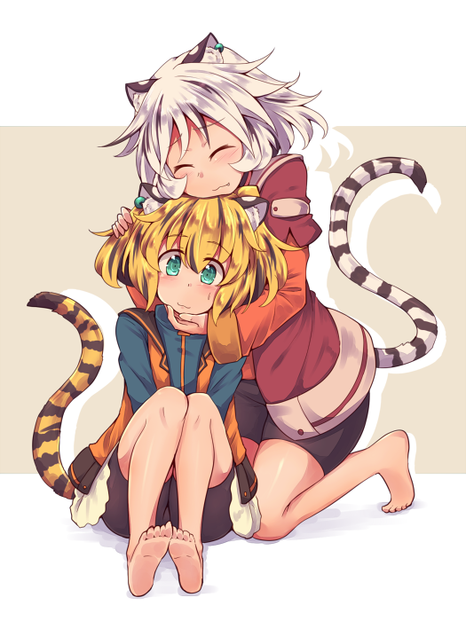2girls, animal_ears, aqua_eyes, bike_shorts, blonde_hair, blush, closed_eyes, earrings
