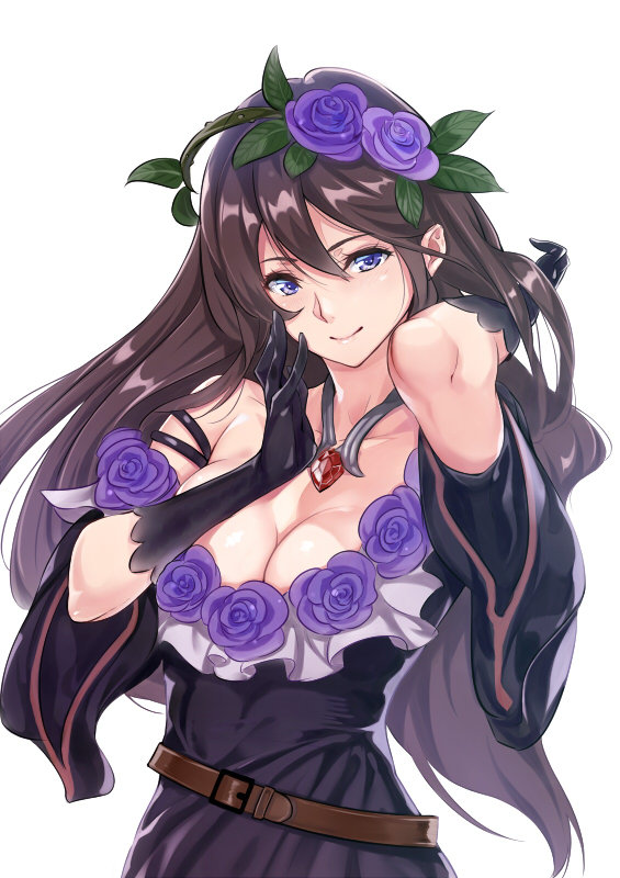 1girl, bare_shoulders, belt, black_gloves, breasts, brown_hair, cleavage, dress