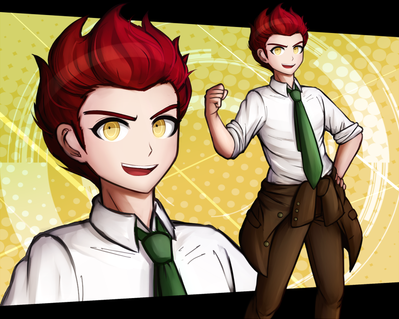 1boy, clenched_hand, clothes_around_waist, dangan_ronpa, dangan_ronpa_3, green_necktie, hand_on_hip, ichino_sousuke, jacket_around_waist, komatsuzaki_rui_(style), kurokku-tokei, looking_at_viewer, male_focus, necktie, open_mouth, redhead, school_uniform, short_hair, smile, tied_sleeves, yellow_eyes, zoom_layer