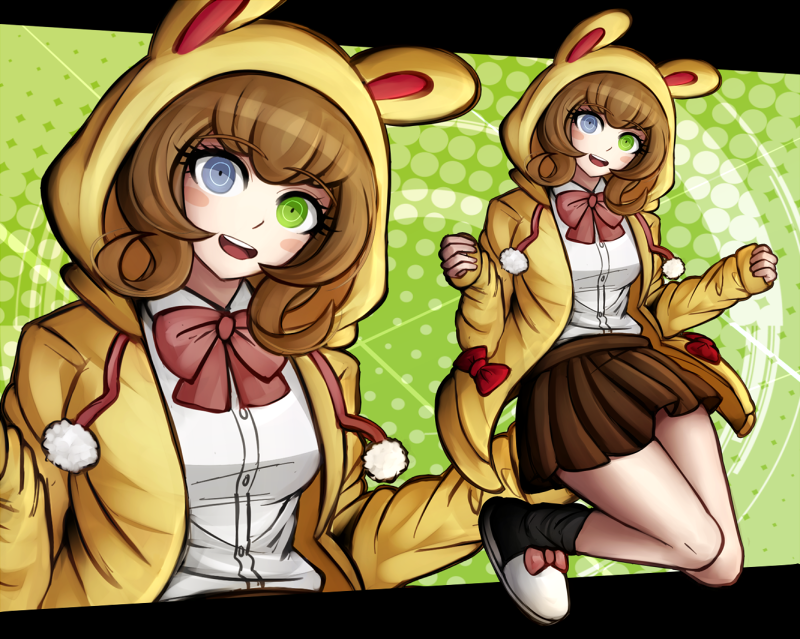 1girl, animal_hood, blue_eyes, brown_hair, brown_skirt, bunny_hood, dangan_ronpa, dangan_ronpa_3