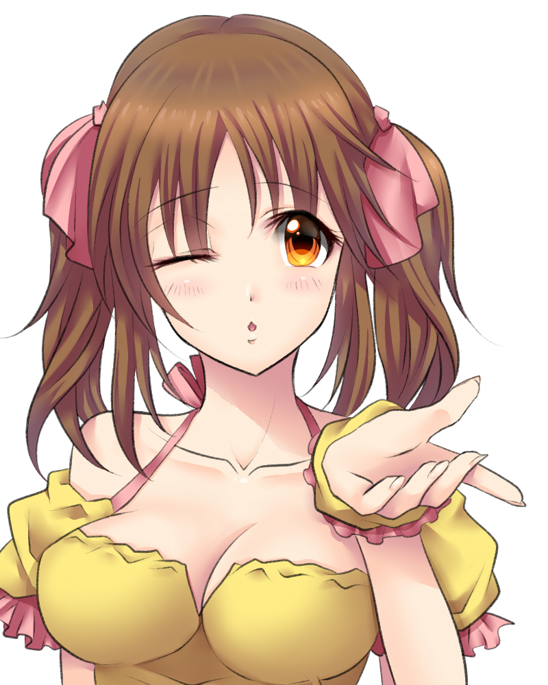 1girl, ;o, bare_shoulders, blow_kiss, blowing_kiss, blush, breasts, brown_hair