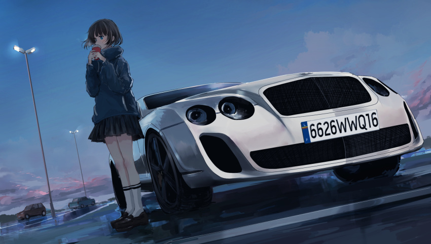 1girl, bentley_continental_gt, black_hair, black_shoes, black_skirt, blue_eyes, blush, bob_cut