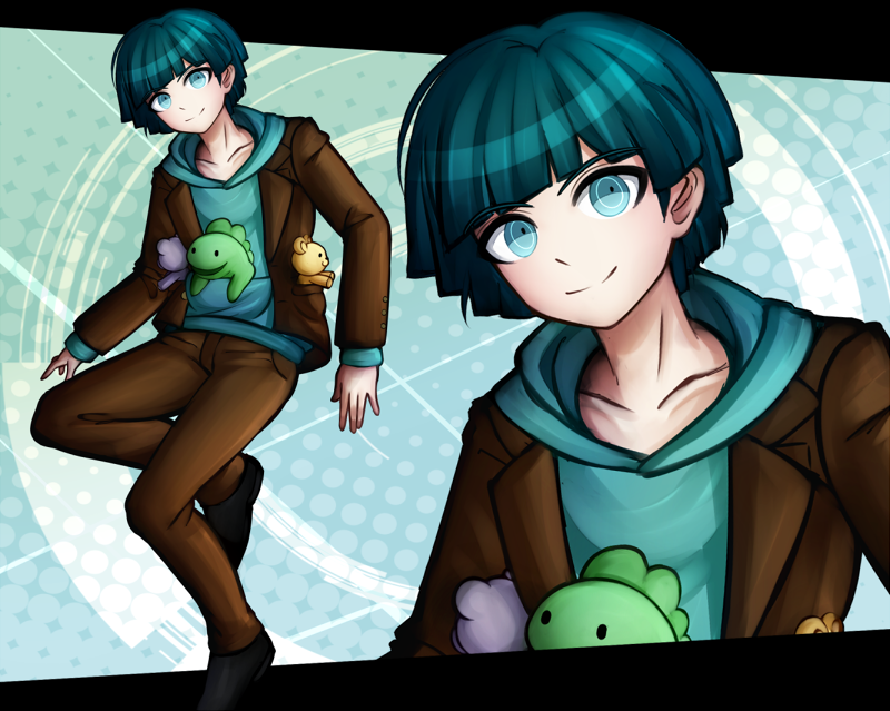 1boy, blue_background, blue_eyes, blue_hair, bowl_cut, closed_mouth, dangan_ronpa, dangan_ronpa_3, hood, hoodie, jacket, komatsuzaki_rui_(style), kurokku-tokei, layered_clothing, male_focus, open_clothes, open_jacket, short_hair, solo, someya_ryouta, standing, standing_on_one_leg, stuffed_animal, stuffed_toy, teddy_bear, zoom_layer