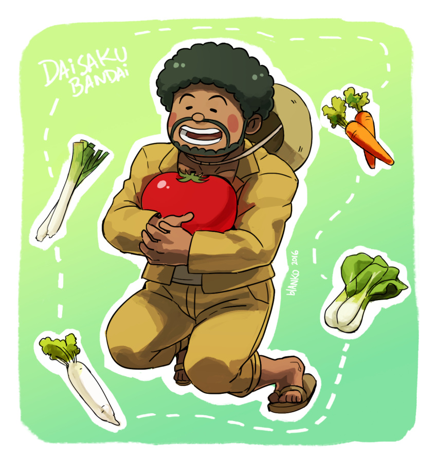 1boy, afro, artist_name, bandai_daisaku, beard, blanko!, carrot, character_name