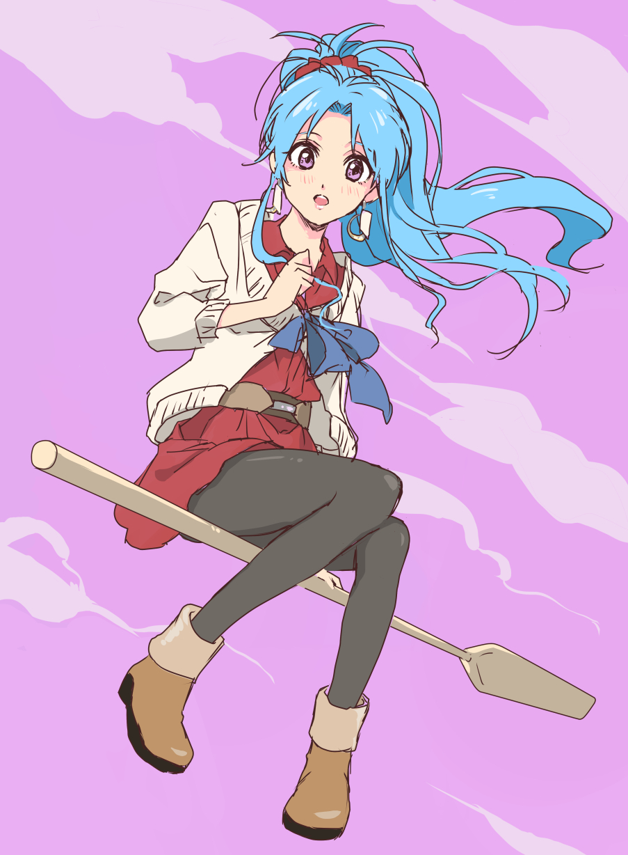 1girl, alternate_costume, black_legwear, blue_hair, blush, botan_(yuu_yuu_hakusho), broom, broom_riding