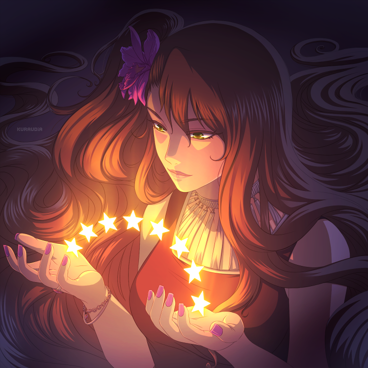 1girl, artist_name, axis_powers_hetalia, bracelet, brown_hair, flower, hair_flower, hair_ornament