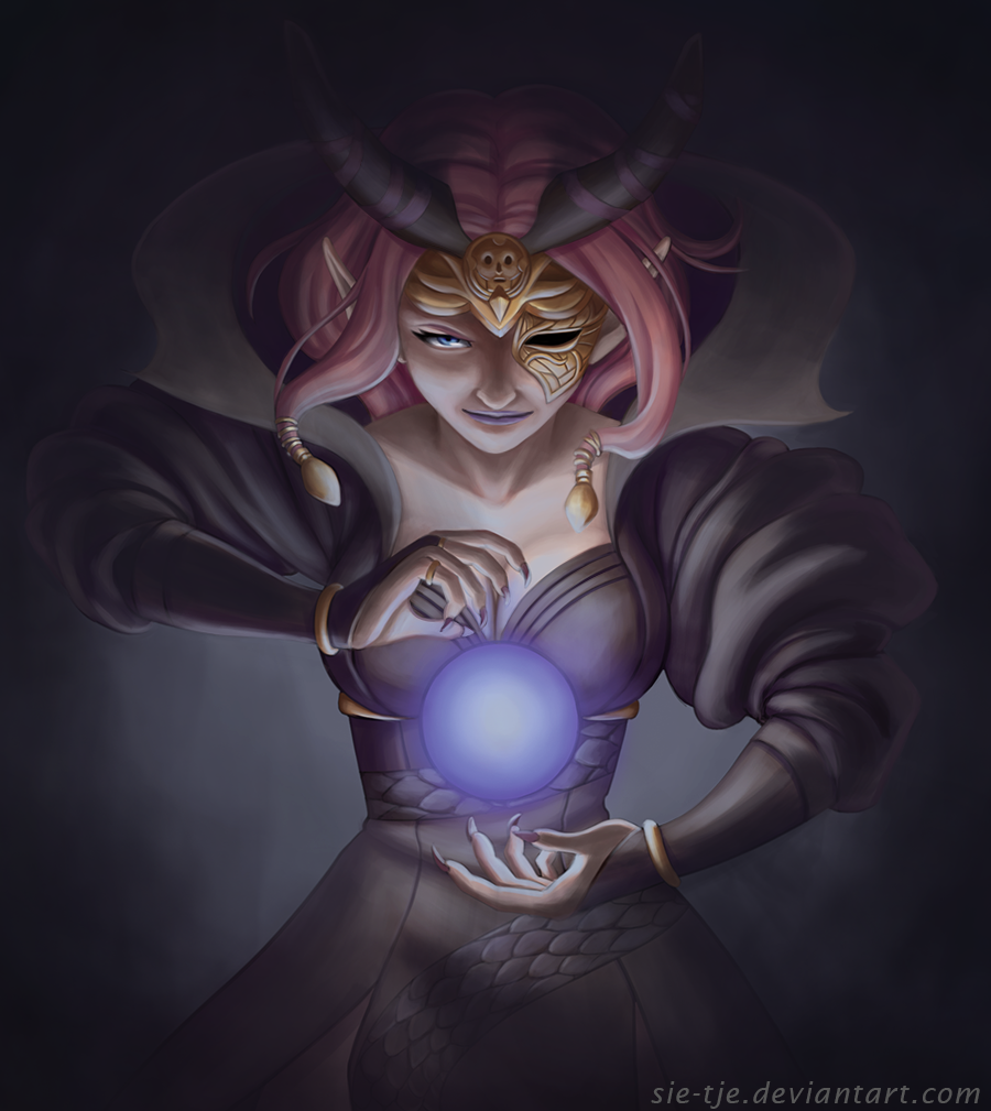 1girl, artist_name, blue_eyes, bracelet, breasts, cleavage, crystal_ball, dark_skin, fire_emblem, fire_emblem_echoes:_mou_hitori_no_eiyuuou, horns, jewelry, lipstick, long_hair, makeup, mask_over_one_eye, nail_polish, nuibaba, pink_hair, pointy_ears, ring, sie-tje, solo, upper_body