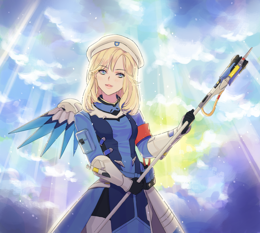 1girl, alternate_hairstyle, armband, bangs, beret, blonde_hair, blue_bodysuit, blue_eyes