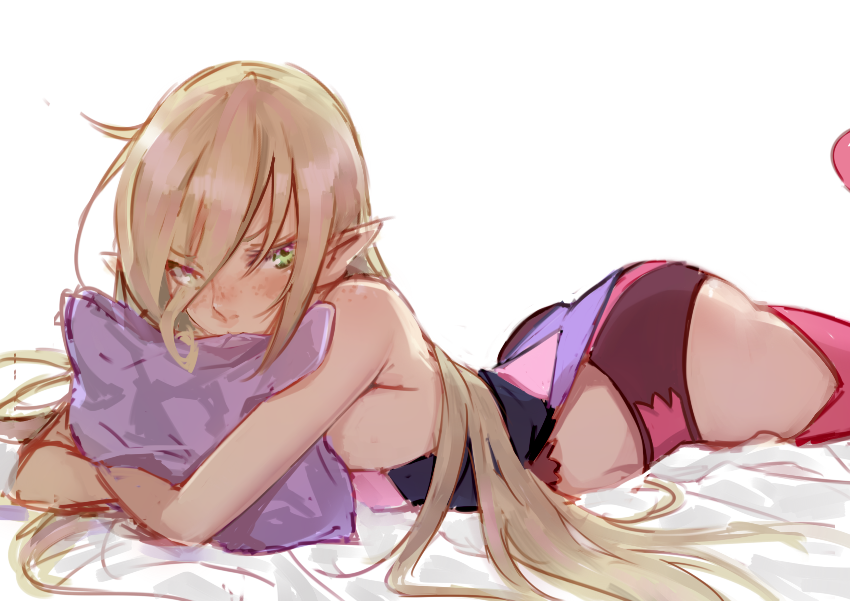 1girl, ass, bare_shoulders, blonde_hair, blush, breasts, elf, freckles, green_eyes, long_hair, lying, magilou_(tales), on_stomach, pillow, pink_legwear, pointy_ears, solo, tales_of_(series), tales_of_berseria, thigh-highs, tusia
