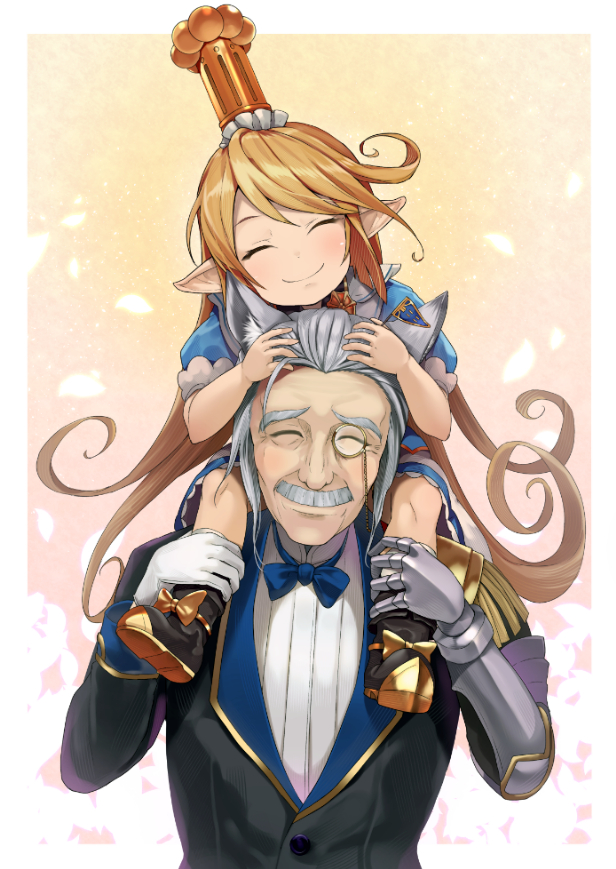 1boy, 1girl, ^_^, animal_ears, black_boots, blonde_hair, blue_bow, blush, boots, bow, bowtie, charlotta_(granblue_fantasy), closed_eyes, commentary_request, crown, facial_hair, gauntlets, granblue_fantasy, hinami_(hinatamizu), long_hair, monocle, mustache, pointy_ears, sevastian_(granblue_fantasy), silver_hair, sitting_on_shoulder, smile, very_long_hair
