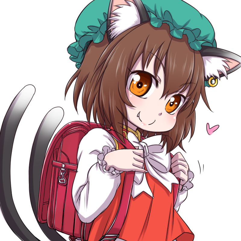 1girl, animal_ears, backpack, bag, bow, brown_hair, cat_ears, cat_tail