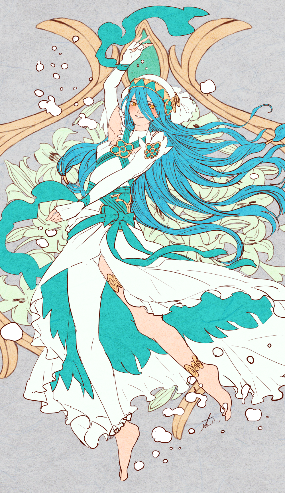 1girl, anklet, aqua_(fire_emblem_if), barefoot, blonde_hair, blue_hair, cleavage_cutout, fingerless_gloves