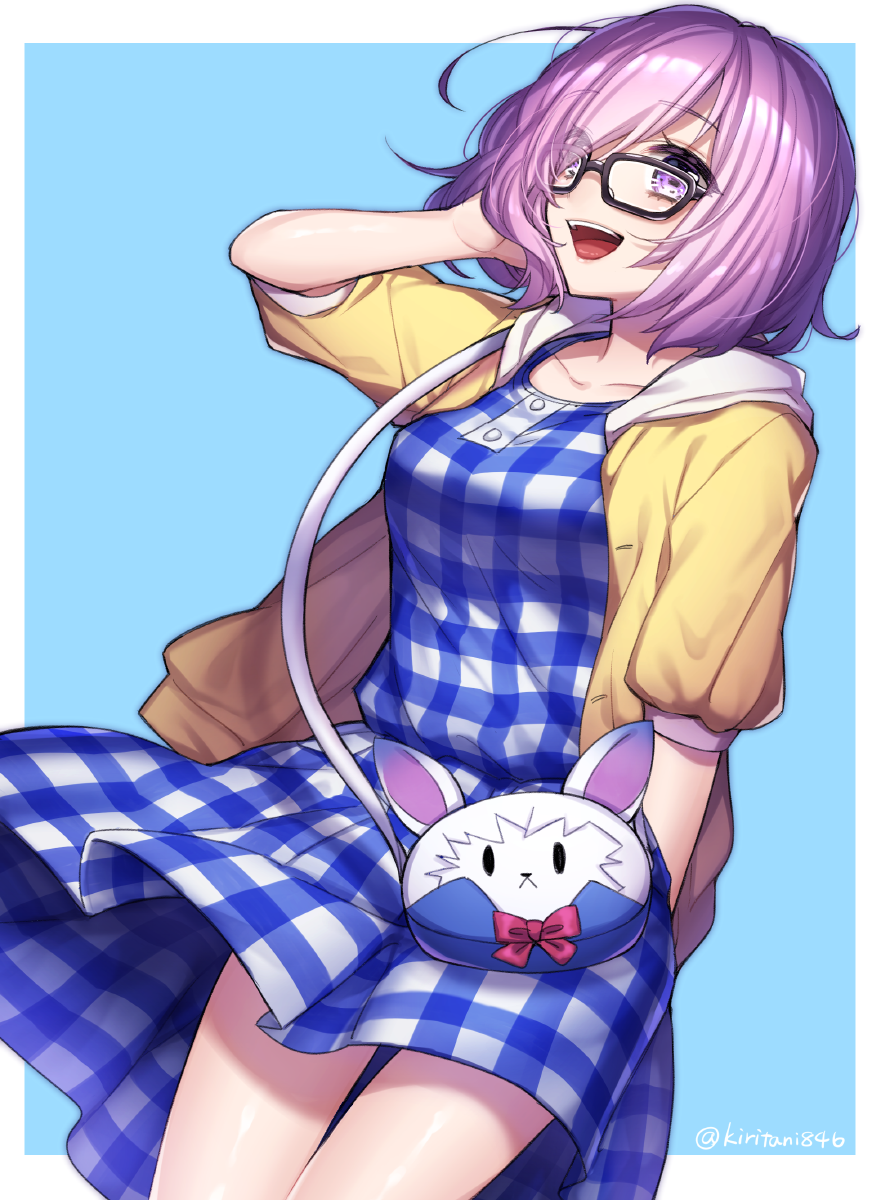 1girl, :d, bag, black-framed_eyewear, blue_background, dress, fate/grand_order, fate_(series)