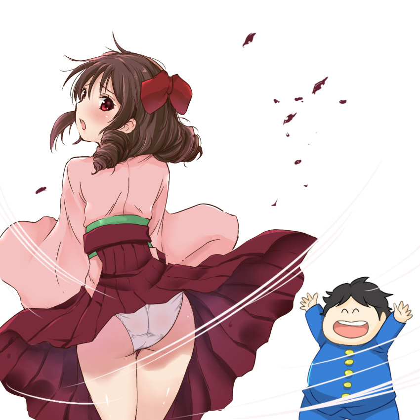 10s, 1boy, 1girl, ass, blush, bow, brown_hair, crossover