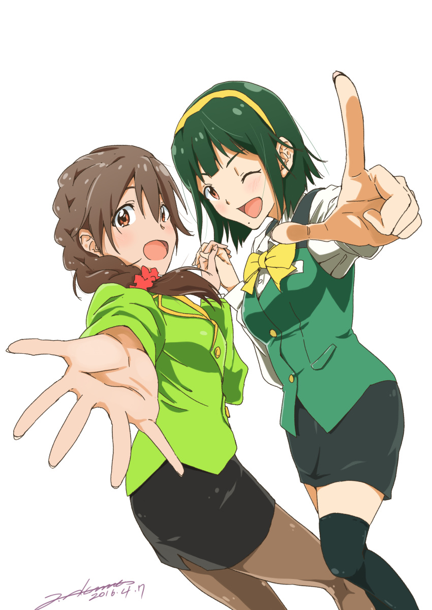 2girls, absurdres, akane_(getwild23), blazer, braid, brown_eyes, brown_hair, green_hair