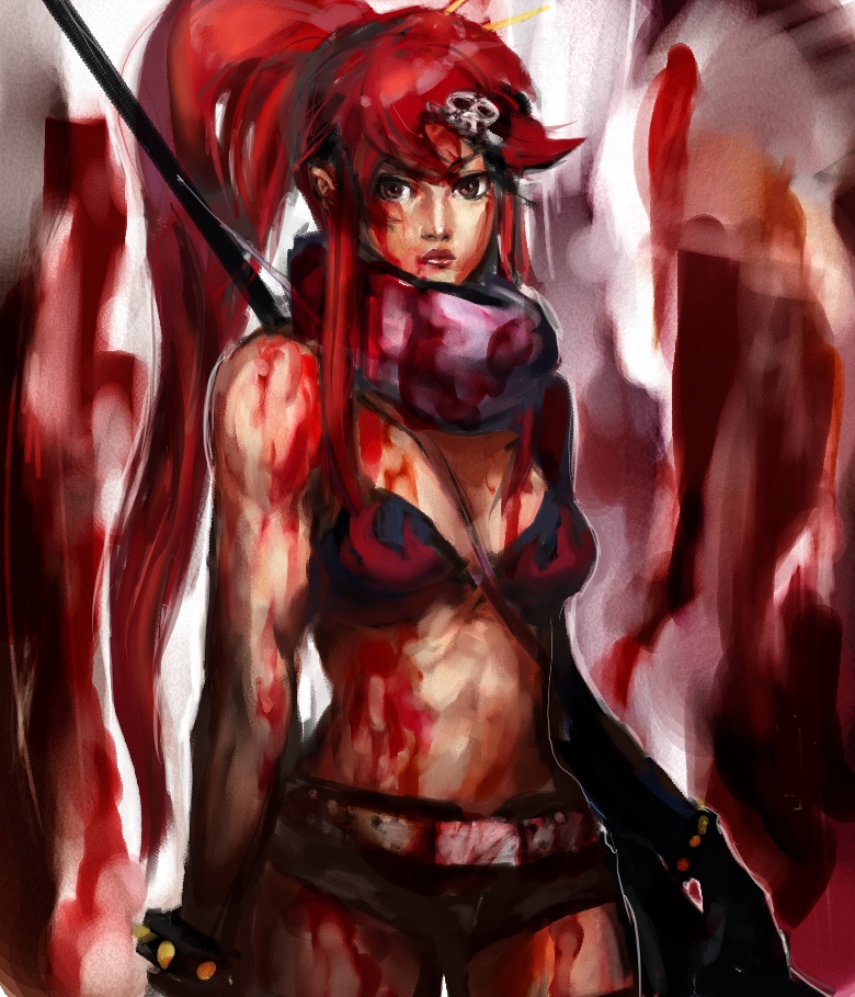 bad_id, belt, bikini_top, blood, gloves, gun, hair_ornament, midriff