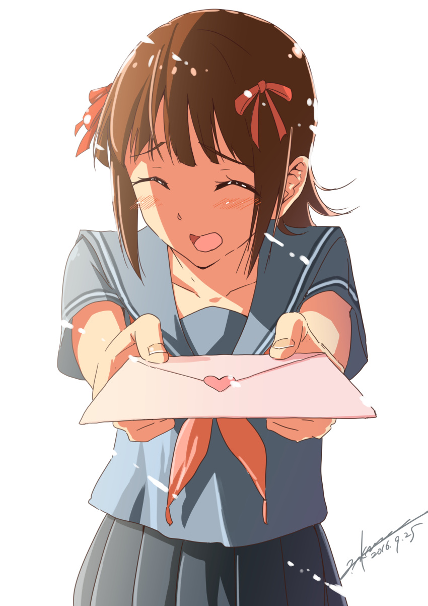 1girl, absurdres, akane_(getwild23), amami_haruka, blush, brown_hair, closed_eyes, confession