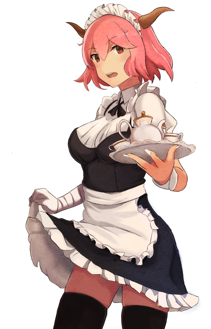 1girl, alternate_costume, apron, bandage, bandaged_arm, black_bow, black_bowtie, black_dress