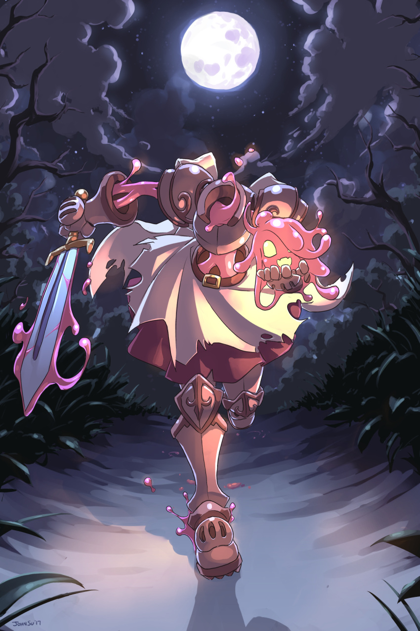 1girl, armor, carrying, goo_girl, head_removed, highres, john_su, monster_girl, moon, open_mouth, original, outdoors, skirt, solo, sword, tree, walking, weapon, yellow_eyes
