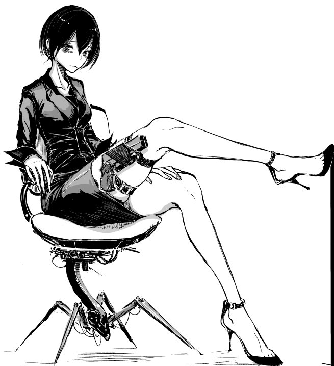 1girl, bare_legs, black_hair, blame!, blame_gakuen!, business_suit, chair, formal