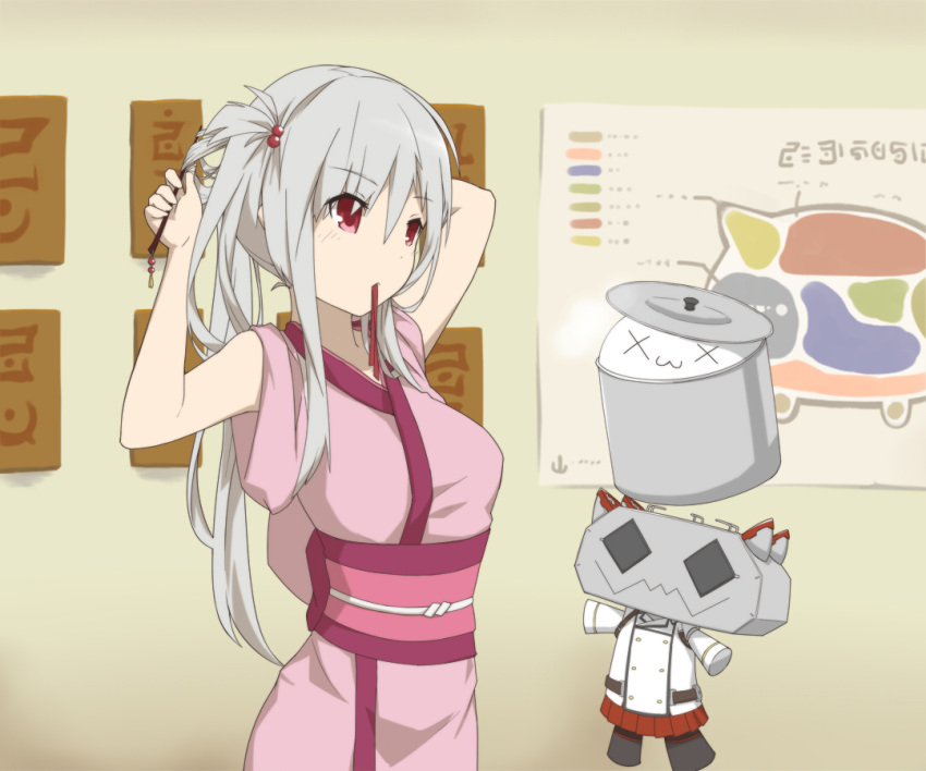 1girl, adjusting_hair, arms_up, dress, elbow, eyebrows_visible_through_hair, grey_hair, hair_ornament