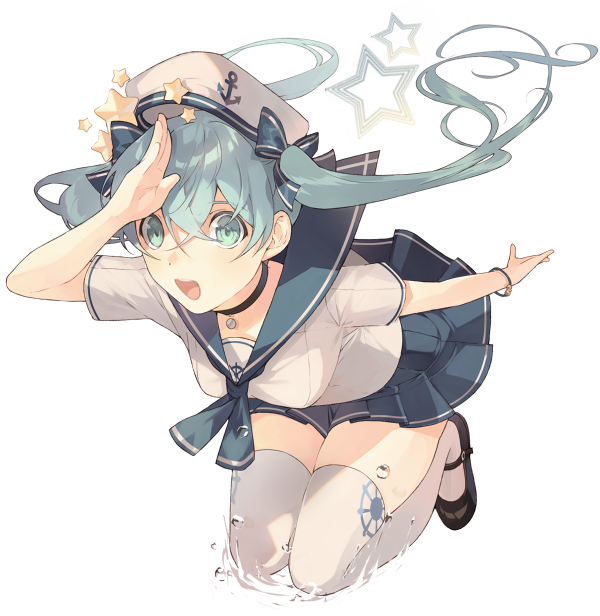 1girl, anchor_print, aqua_eyes, aqua_hair, bangs, beret, black_shoes, blue_skirt
