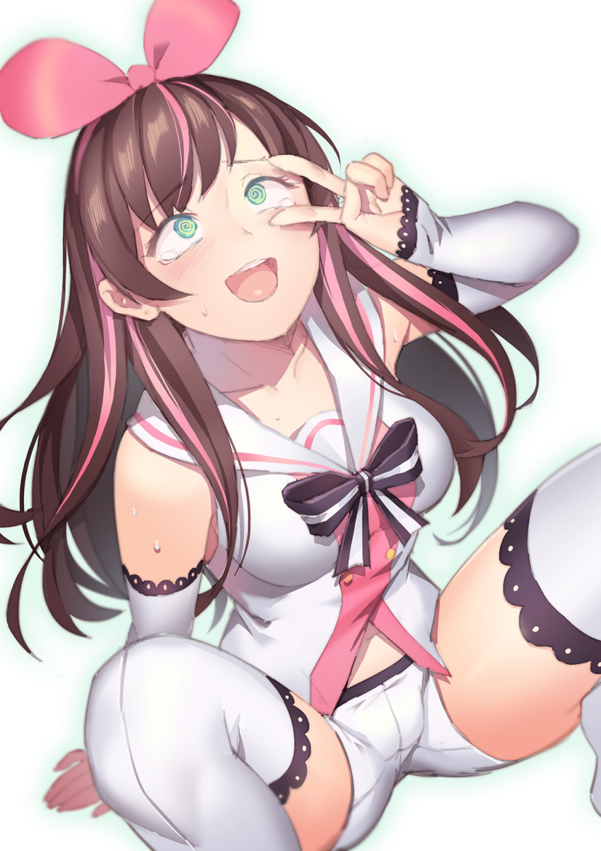 1girl, @_@, a.i._channel, arm_support, arm_warmers, bare_shoulders, blush, bow