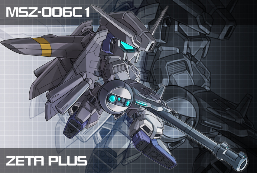 aqua_eyes, beam_rifle, character_name, energy_gun, glowing, glowing_eyes, gundam, gundam_sentinel