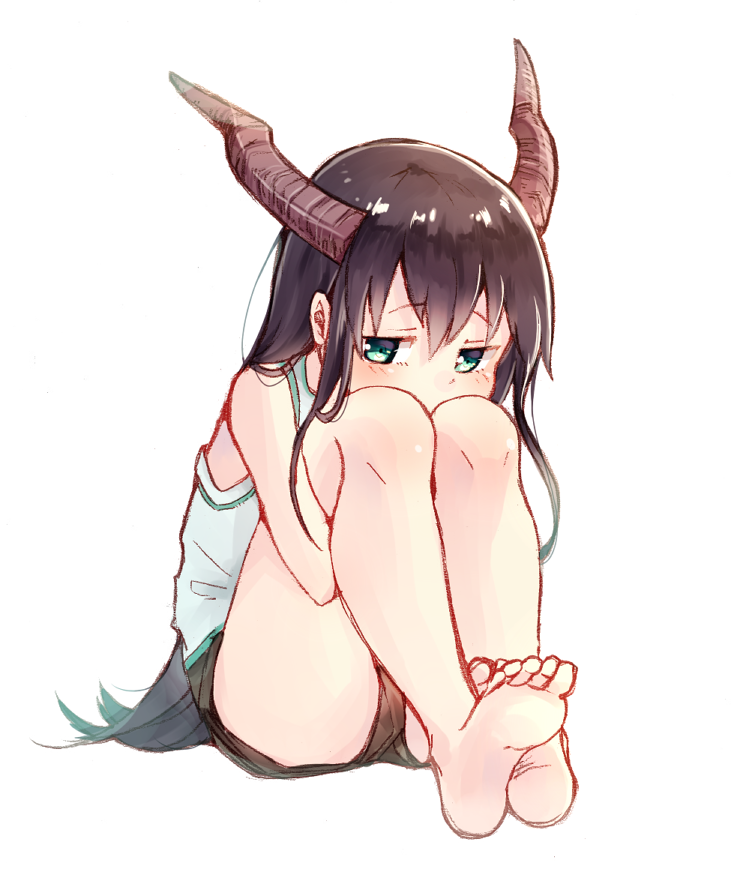 1girl, bangs, barefoot, black_hair, blush, covered_mouth, eyebrows_visible_through_hair, full_body