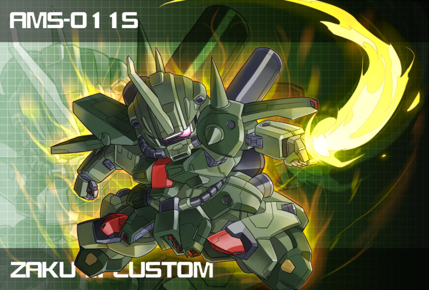 beam_saber, character_name, clenched_hand, glowing, glowing_eye, gundam, gundam_zz, horn, mecha, memento_vivi, no_humans, one-eyed, shoulder_spikes, spikes, yellow_eyes, zaku_iii_custom, zoom_layer