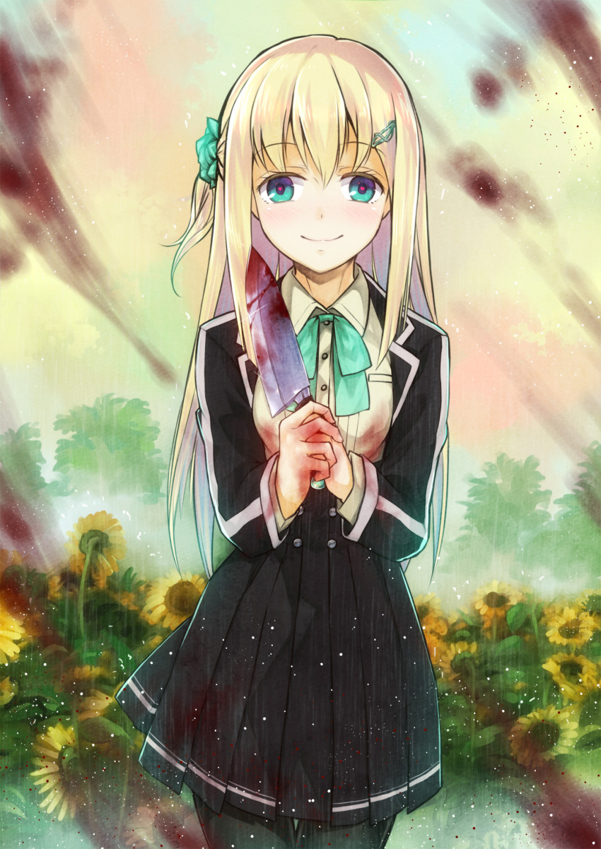 1girl, black_legwear, blonde_hair, blood, blue_eyes, blush, flower, hair_ornament