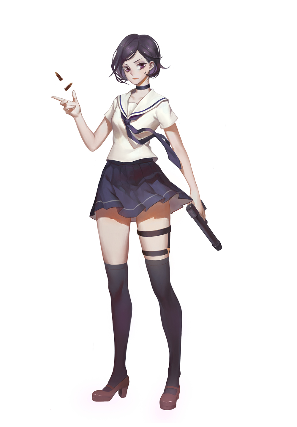 1girl, arm_at_side, arm_up, black_legwear, blouse, blue_choker, blue_necktie, blue_skirt