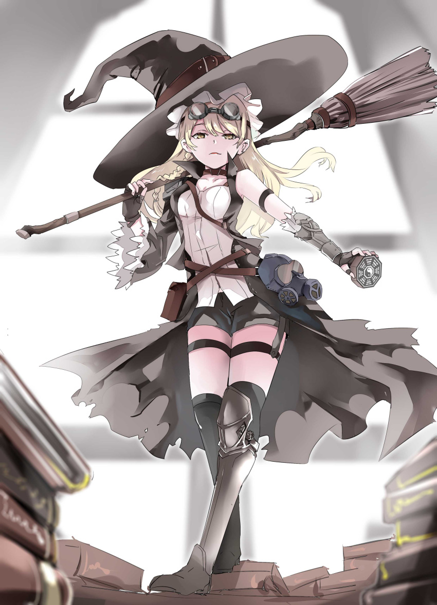 1girl, absurdres, armor, armored_boots, bag, belt, blonde_hair, book