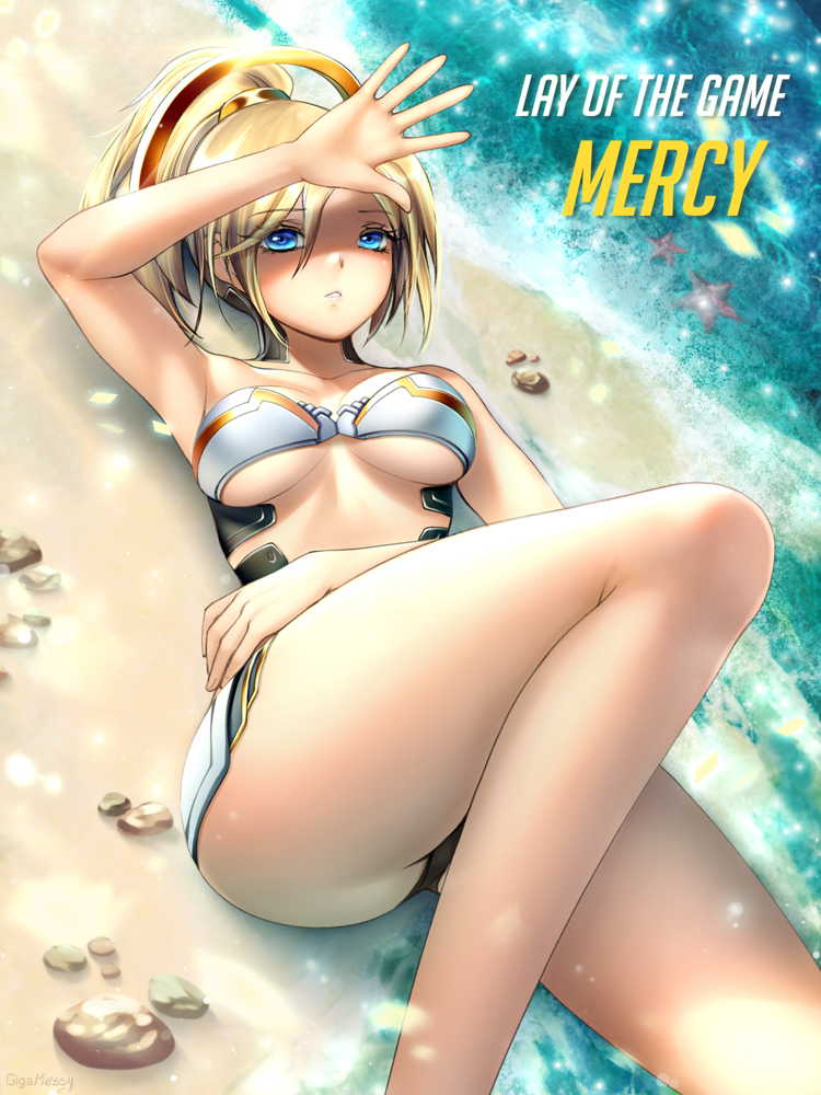 1girl, adapted_costume, arm_up, artist_name, beach, bikini, blonde_hair, blue_eyes