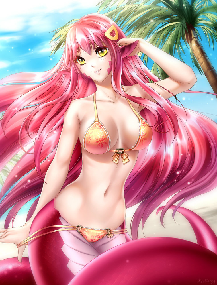1girl, beach, bikini, bikini_pull, blue_sky, breasts, cleavage, collarbone