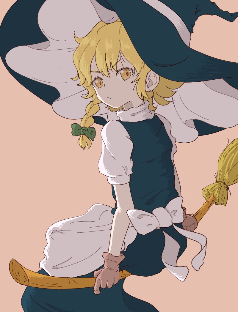 >:/, 1girl, :/, apron, bamboo_broom, braid, broom, broom_riding