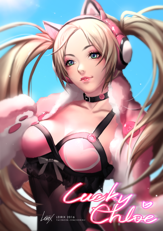 1girl, animal_ears, blonde_hair, blue_sky, breasts, cat_ear_headphones, cat_ears, character_name