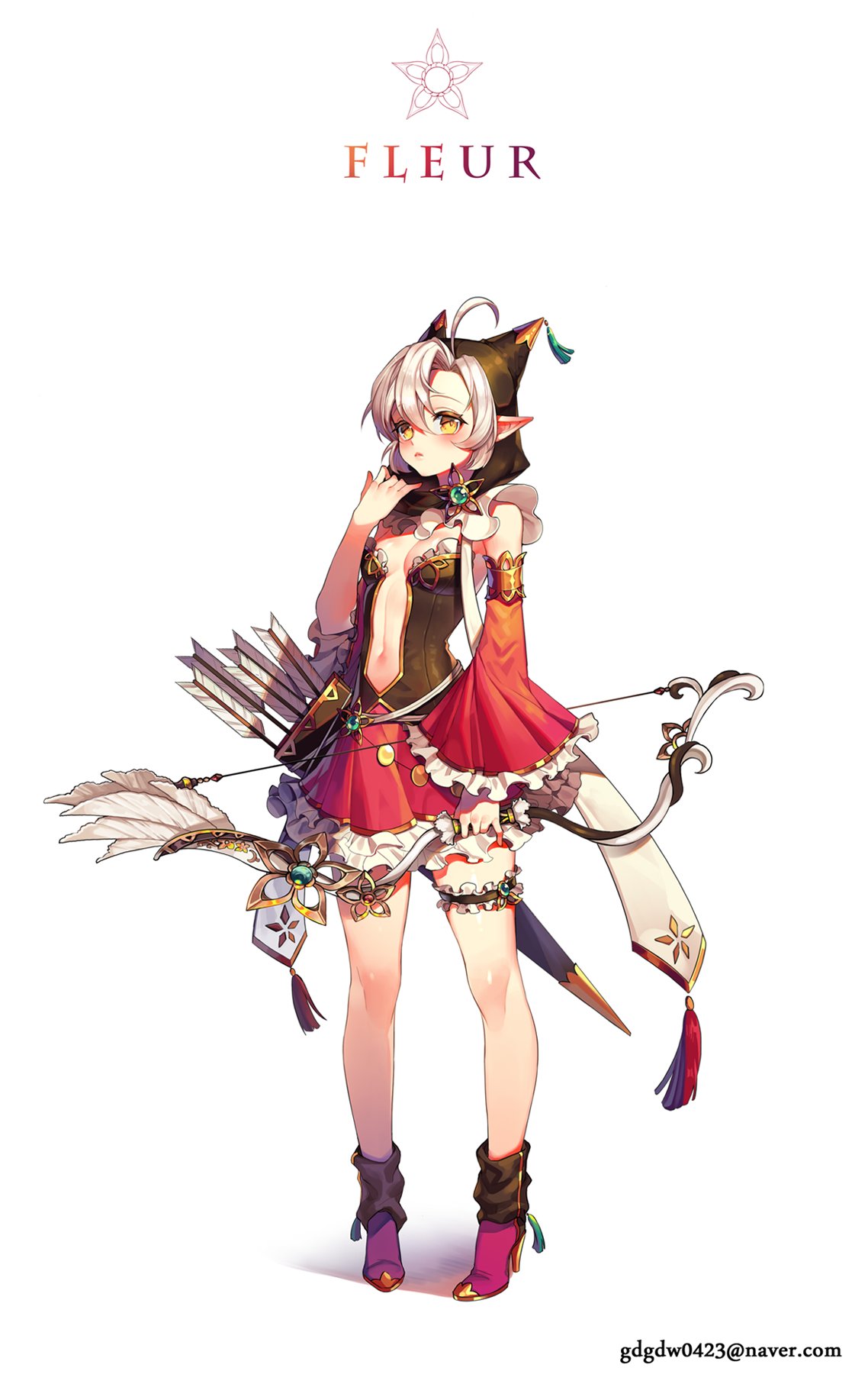 1girl, animal_hood, ankle_boots, arrow, bare_shoulders, boots, bow_(weapon), breasts