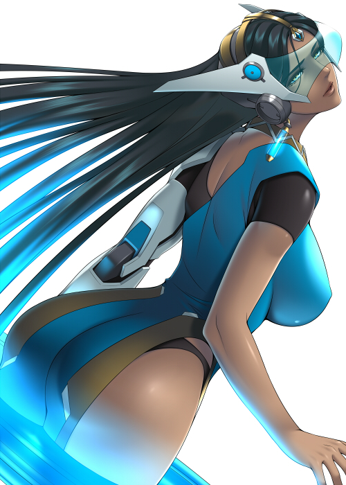 1girl, arms_at_sides, ass, black_hair, black_panties, blue_dress, breasts, brown_eyes