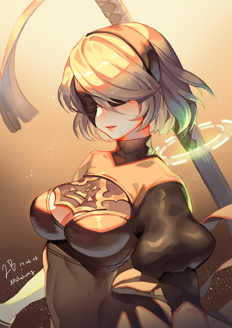 1girl, 2017, arms_at_sides, artist_name, bangs, black_dress, black_gloves, black_hairband