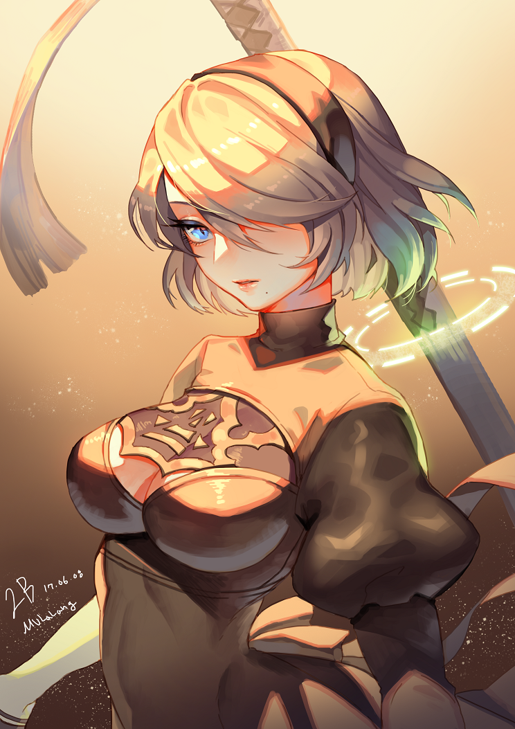1girl, 2017, arms_at_sides, artist_name, bangs, black_dress, black_gloves, black_hairband