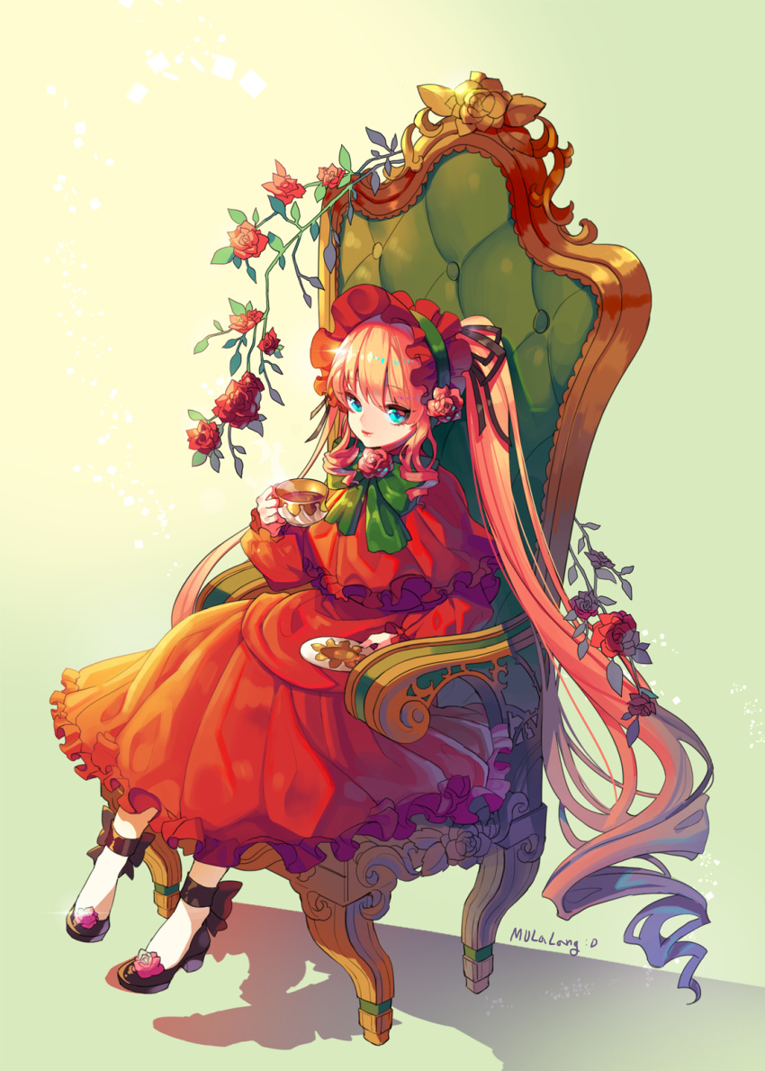 1girl, absurdly_long_hair, armchair, artist_name, bangs, black_ribbon, black_shoes, black_tea