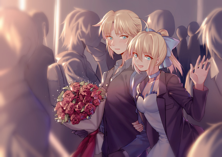 2girls, absurdres, bangs, black_gloves, blush, bouquet, breasts, crowd, dress, embarrassed, eyebrows_visible_through_hair, fate/apocrypha, fate/stay_night, fate_(series), flower, formal, gloves, hair_between_eyes, hand_up, highres, holding, holding_bouquet, incest, jacket, long_hair, looking_at_viewer, mother_and_daughter, multiple_girls, open_clothes, open_jacket, open_mouth, parted_bangs, parted_lips, ponytail, red_rose, rose, saber, saber_(fate), saber_of_red, sidelocks, small_breasts, smile, suit, teeth, tuxedo, upper_body, white_dress, yorukun, yuri