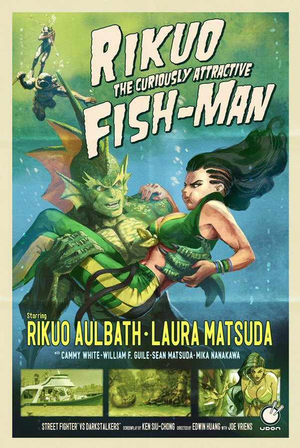 50s, :t, artist_name, asymmetrical_hair, aulbath, black_hair, breasts, carrying, creature_from_the_black_lagoon, crossover, edwin_huang, holding_breath, joe_vriens, large_breasts, laura_matsuda, long_hair, merman, midriff, monster_boy, parody, princess_carry, street_fighter, street_fighter_v, street_fighter_vs._darkstalkers, style_parody, the_gill_man, udon_entertainment, underwater, vampire_(game)