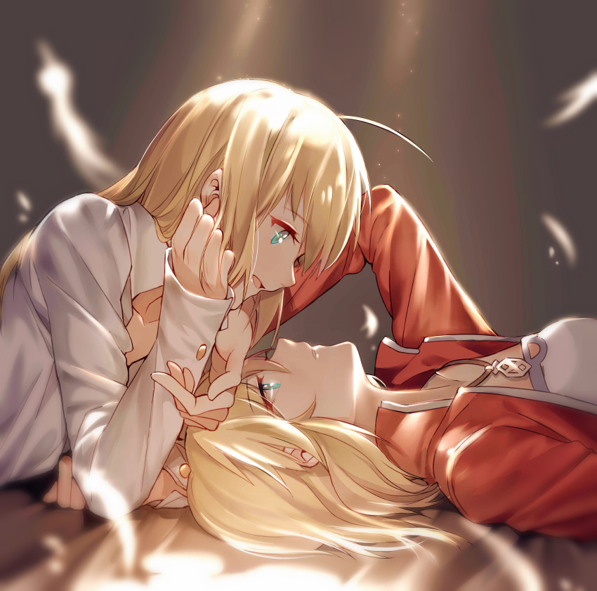2girls, absurdres, ahoge, aqua_eyes, arm_up, bangs, blonde_hair, blurry
