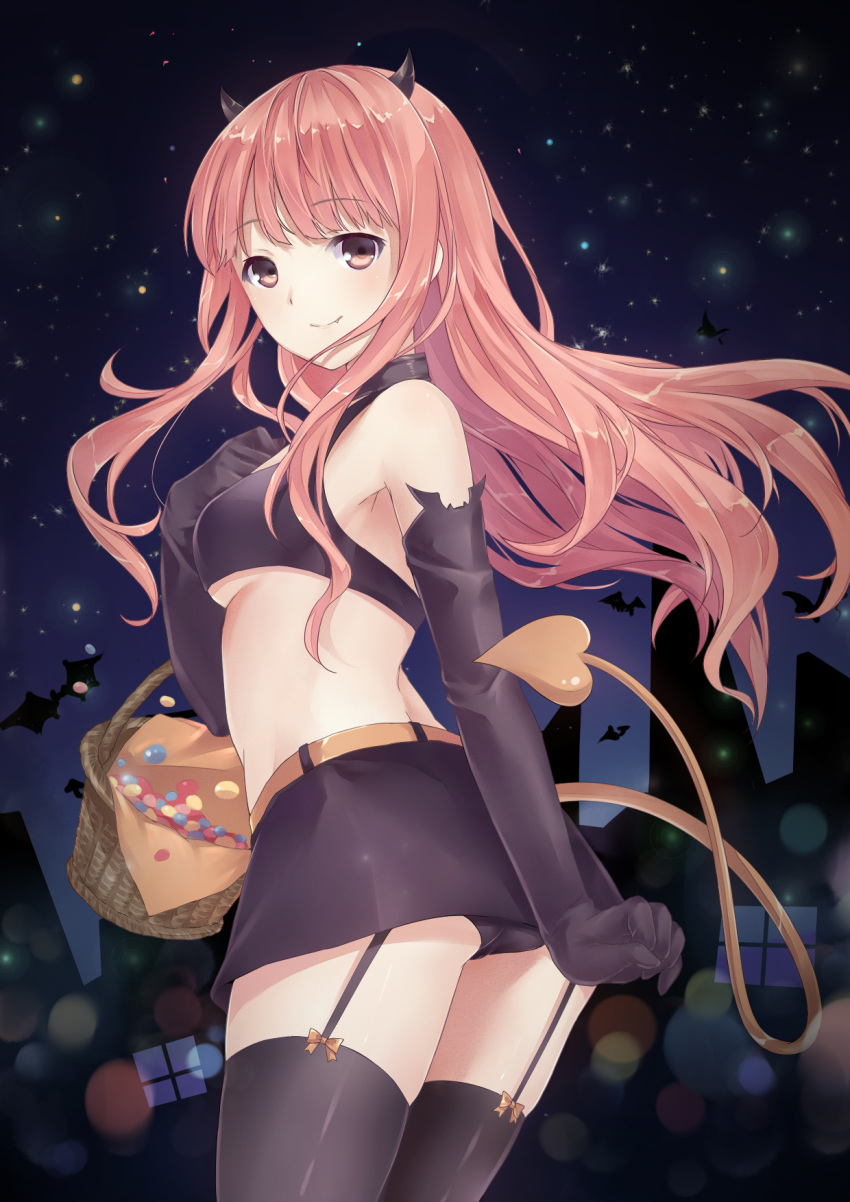1girl, bangs, basket, bat, belt, black_gloves, black_panties, black_skirt, blurry, blush, bokeh, breasts, brown_eyes, candy, closed_mouth, crop_top, demon_horns, demon_tail, depth_of_field, elbow_gloves, eyebrows_visible_through_hair, food, from_side, garter_straps, gloves, halloween, highres, horns, jelly_bean, kamon_(shinshin), long_hair, looking_at_viewer, looking_back, midriff, nikki_no_aisare_coordination, nikki_up2u, panties, pantyshot, pantyshot_(standing), pink_hair, skirt, small_breasts, smile, solo, standing, tail, thighs, under_boob, underwear