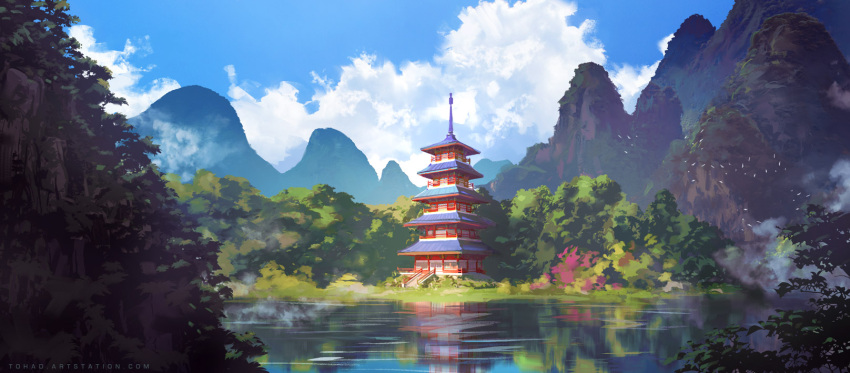 architecture, artist_name, bird, blue_sky, building, clouds, commentary, day, east_asian_architecture, fog, forest, highres, lake, landscape, mountain, nature, no_humans, outdoors, pagoda, reflection, scenery, shore, sky, sylvain_sarrailh, tohad, water, watermark, web_address