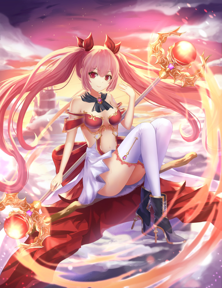 1girl, absurdres, bare_shoulders, black_shoes, breasts, broom, broom_riding, cleavage
