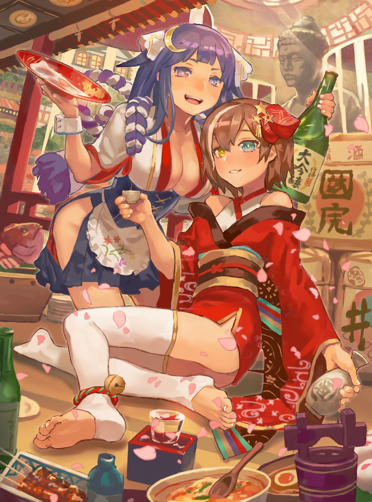 2girls, alcohol, anklet, apron, ass, bangs, bare_shoulders, barefoot