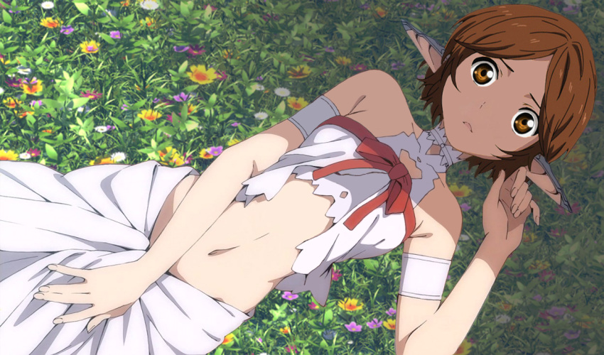 asuna_(sao), asuna_(sao-alo)_(cosplay), brown_hair, cosplay, fairy, flower, grass, lying